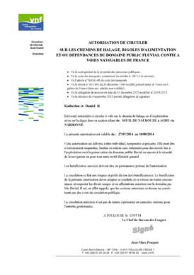 Autorisation de circuler sur les chemins de halage